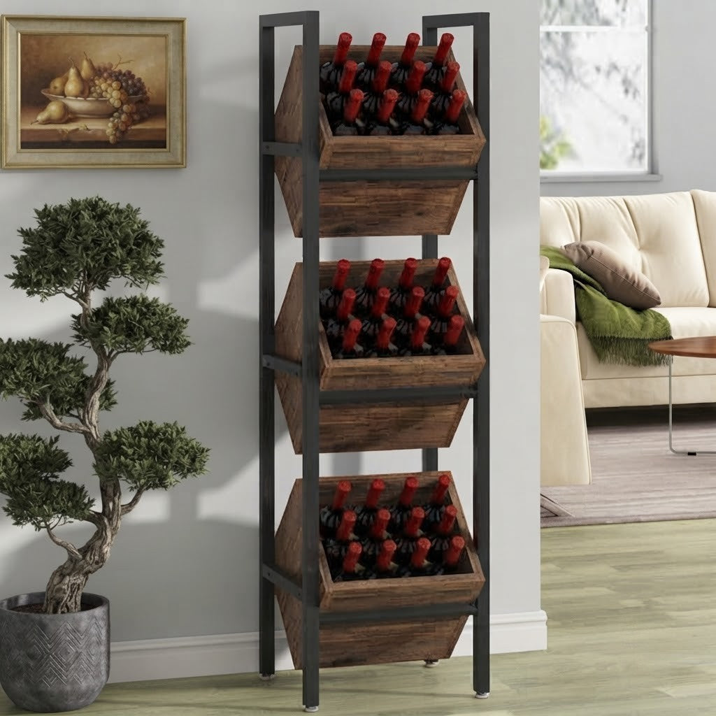 Industrial Wine Rack, 3-Tier Freestanding Wine Storage Stand for 36 Bottles, Rustic Brown & Black