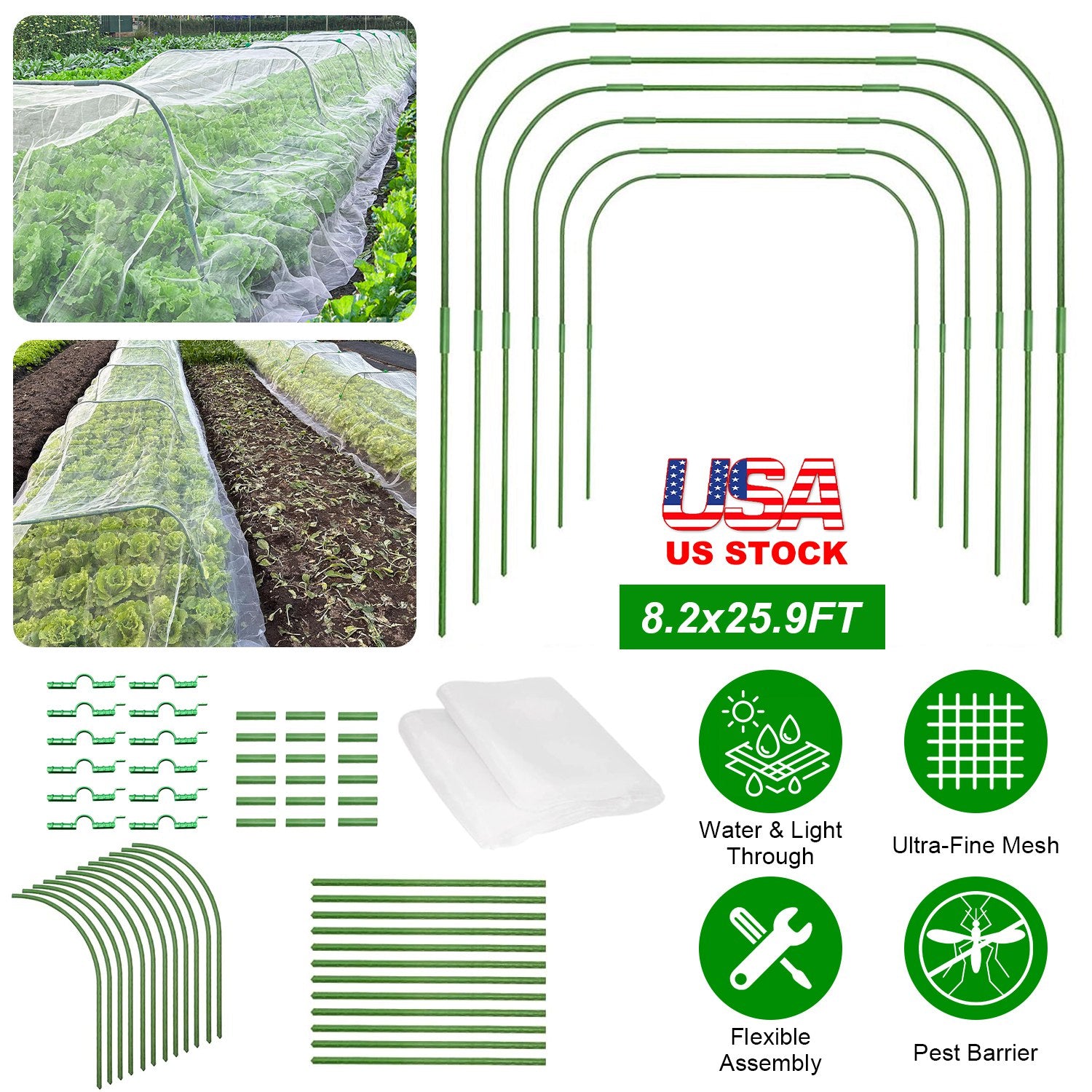 Garden Mesh Netting Kit With 8.2x25.9FT Ultra Fine Screen Mesh 12 Clips 6Pcs Garden Hoops Greenhouse Raised Bed Plant Covers Garden Barrier For Vegeta 