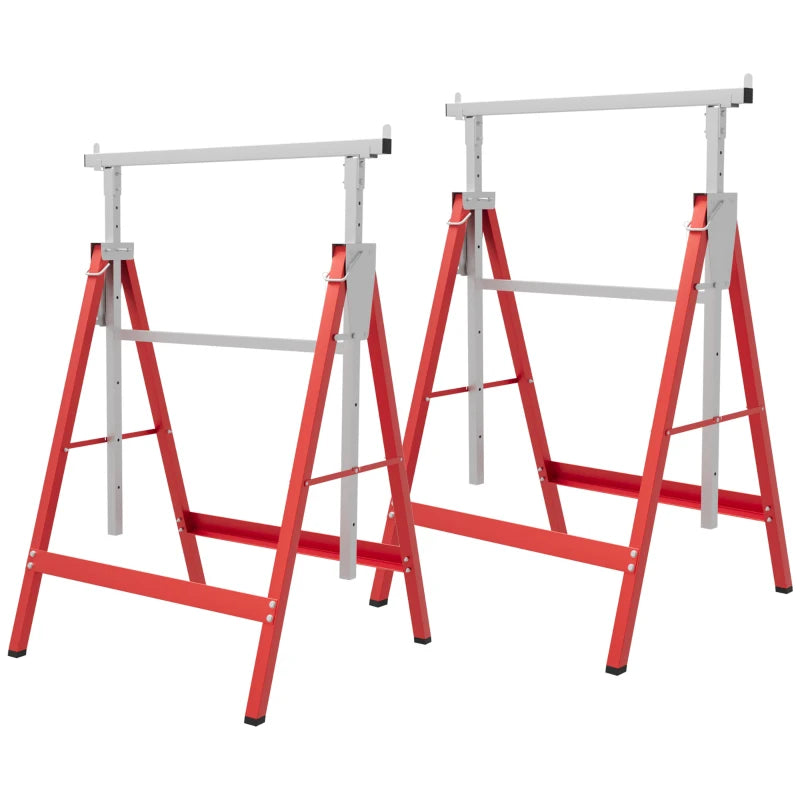 Set of 2 Adjustable Telescopic Builders Trestle, DIY Steel Work Bench Carpenter, Folding Saw Horse Tools Red