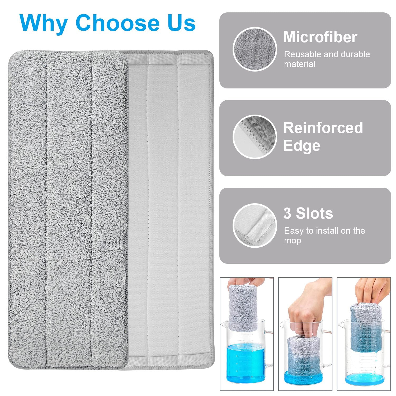 4Pcs Microfiber Mop Pads Reusable Machine Washable Cloth Mop Flat Replacements Head 15.35x4.92in for Wet Dry Floor Cleaning