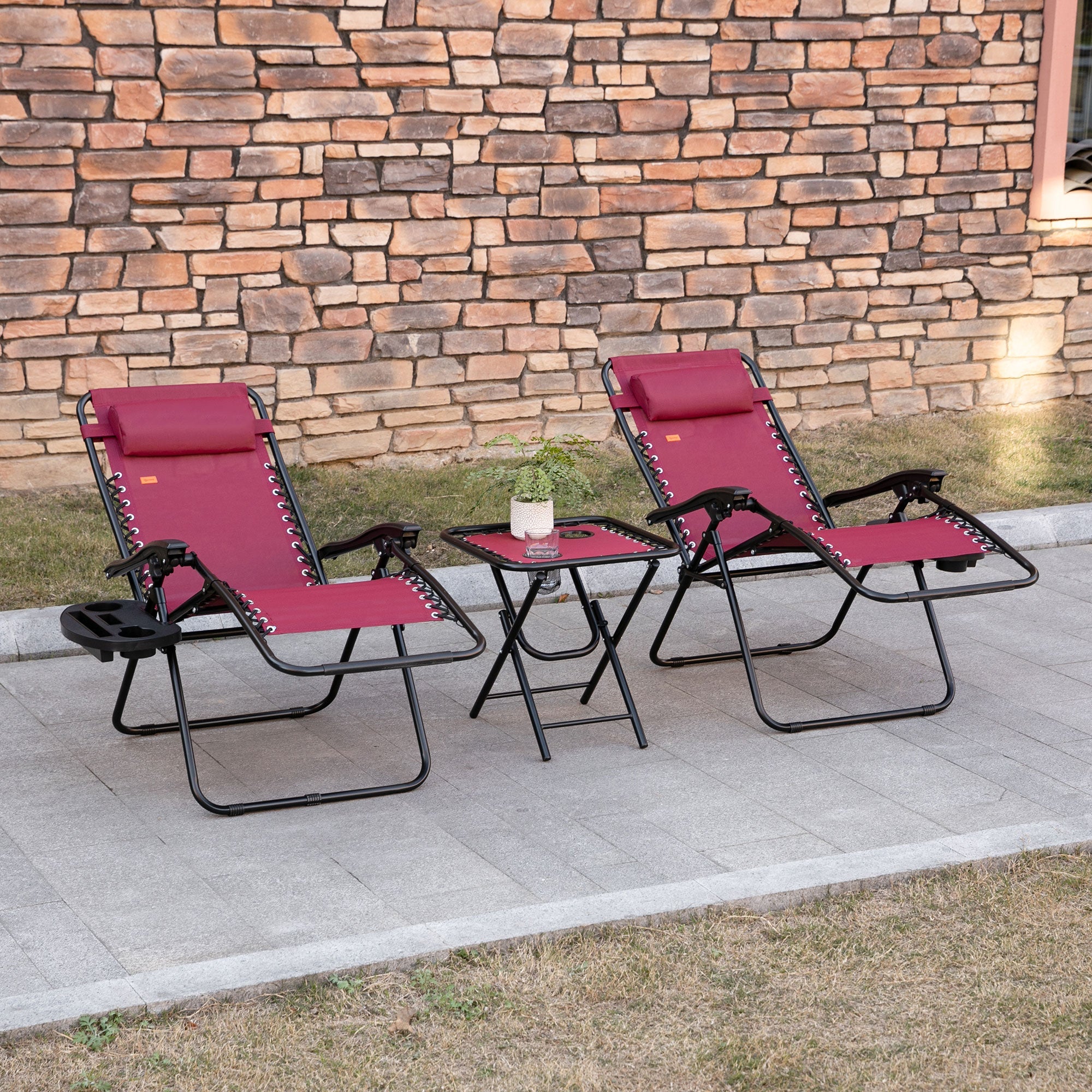 Outsunny Zero Gravity Chair Set of 2 Patio Chair with Side Table Cupholders and Pillows for Pool, Backyard, Lawn, Beach, Red 
