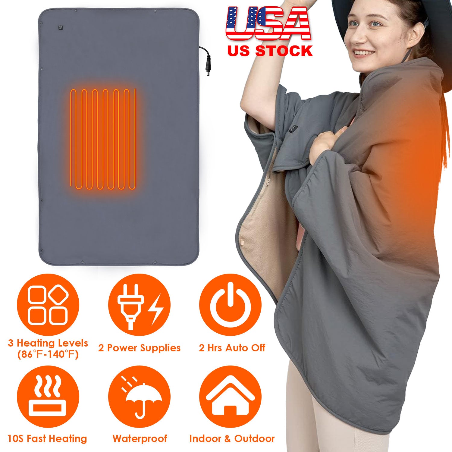 Electric Heated Throw Full Body Heated Shawl Indoor Outdoor Heated Blanket with 3 Heating Levels 2Hrs Auto Off Machine Washable Waterproof 53.5x37.8in