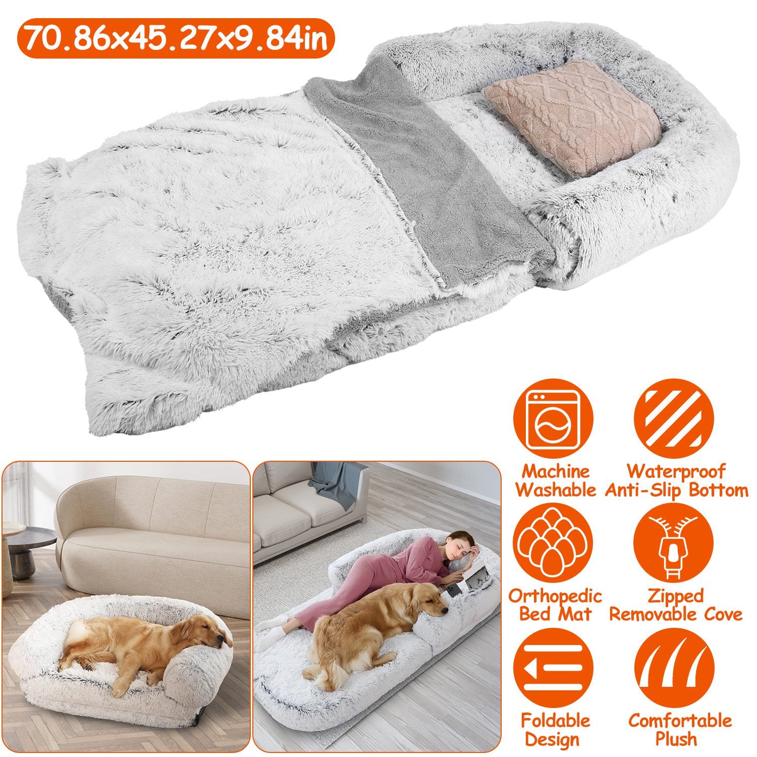 Large Foldable Human Size Dog Bed With Pillow Blanket Flurry Plush Napping Human-Sized Dog Bed Machine Washable Zipped Removable Cover For Pets Kids A