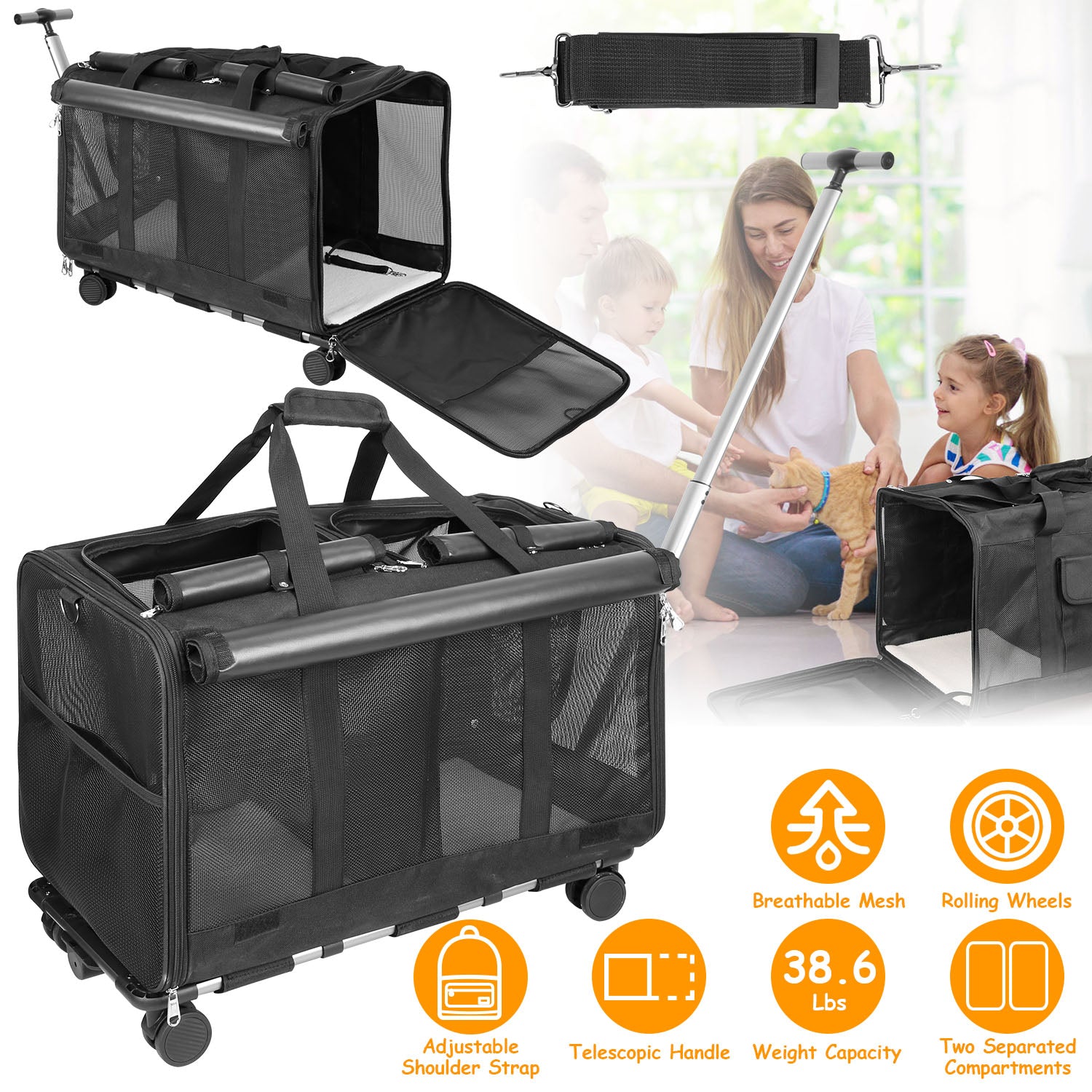 Double-Compartment Pet Rolling Carrier Cat Dog Rolling Carrier with Detachable Wheels Telescopic Handle Adjustable Shoulder Strap 