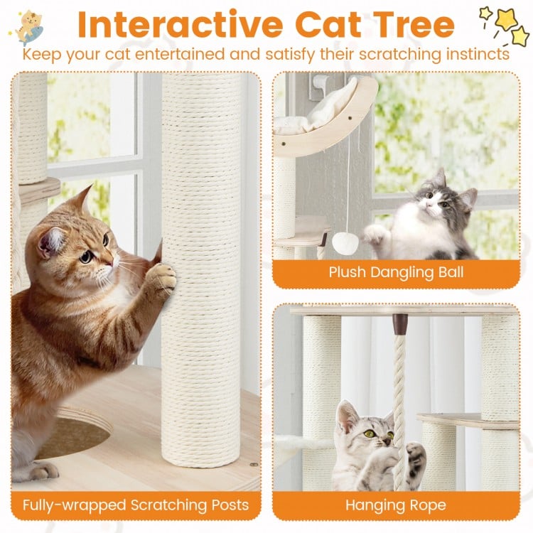 55.5 Inches Tall Wooden Cat Tree with Washable Plush Cushions for Indoor Cats