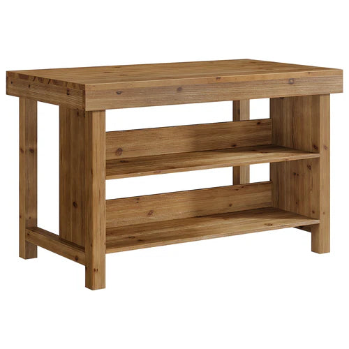 Bar Table 55" Farmhouse 3-Tier Solid Wood Bar Unit with Open Storage Shelves Brown