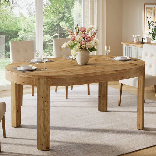 Dining Table 55" Oval Solid Wood Kitchen Dinner Table for 4-6 People with Thick Support Legs and Natural Wood Finish Brown