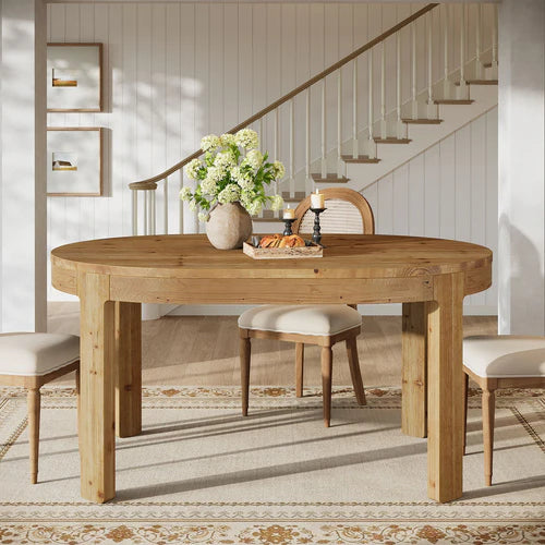 Dining Table 55" Oval Solid Wood Kitchen Dinner Table for 4-6 People with Thick Support Legs and Natural Wood Finish Brown