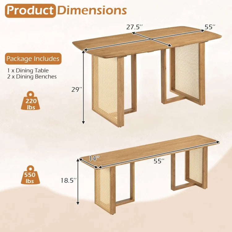 55" Solid Rubber Wood Dining Table Set with 2 Benches – Boho Rectangular Dining Set