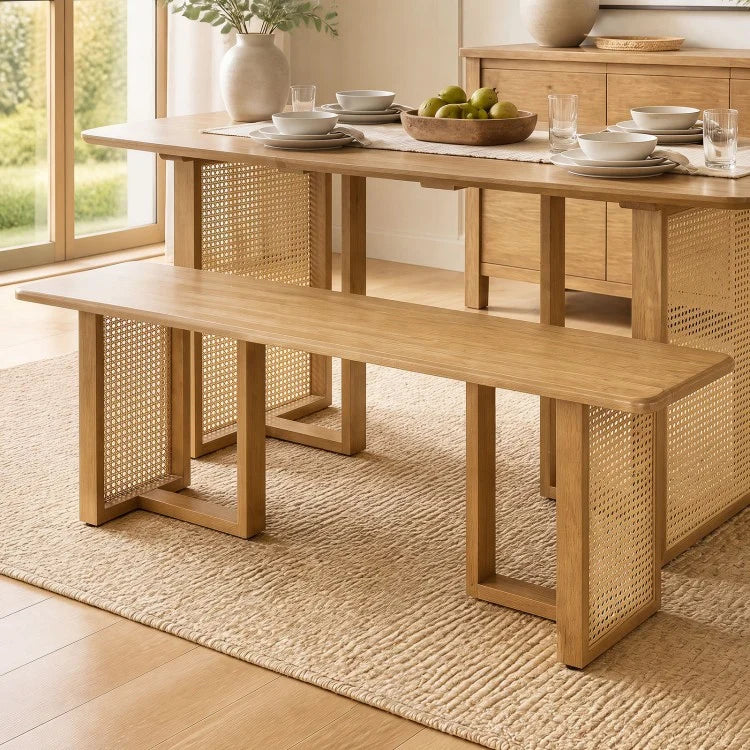55" Solid Rubber Wood Dining Table Set with 2 Benches – Boho Rectangular Dining Set