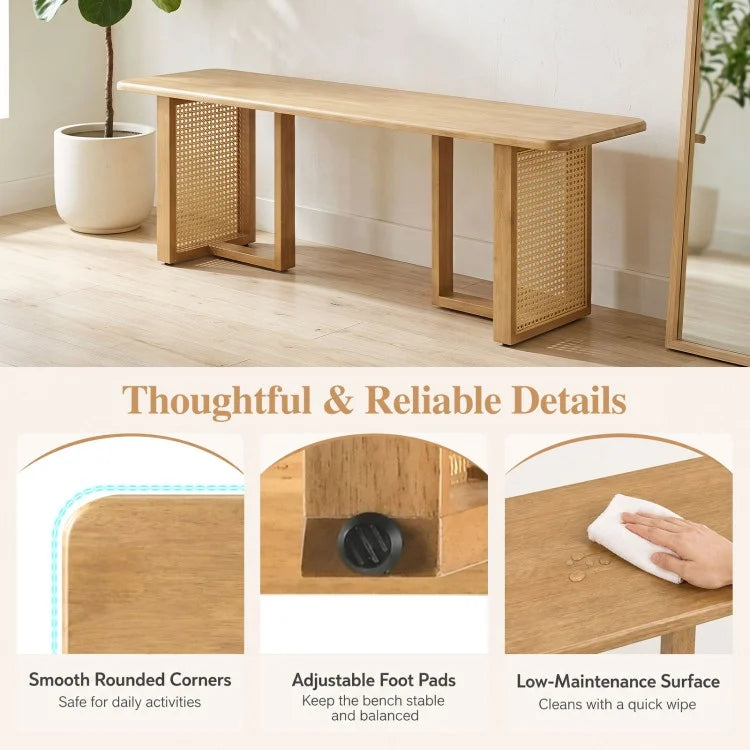 55" Solid Rubber Wood Dining Table Set with 2 Benches – Boho Rectangular Dining Set
