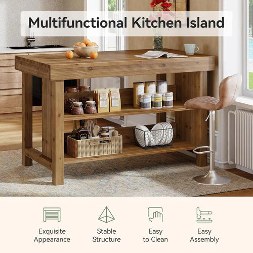 Bar Table 55" Farmhouse 3-Tier Solid Wood Bar Unit with Open Storage Shelves Brown