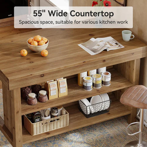 Bar Table 55" Farmhouse 3-Tier Solid Wood Bar Unit with Open Storage Shelves Brown