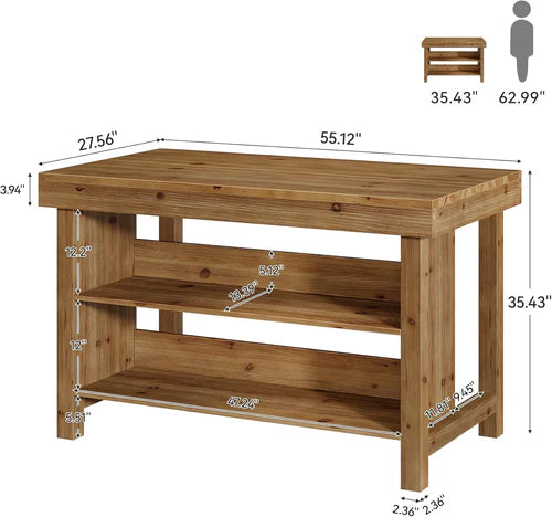 Bar Table 55" Farmhouse 3-Tier Solid Wood Bar Unit with Open Storage Shelves Brown