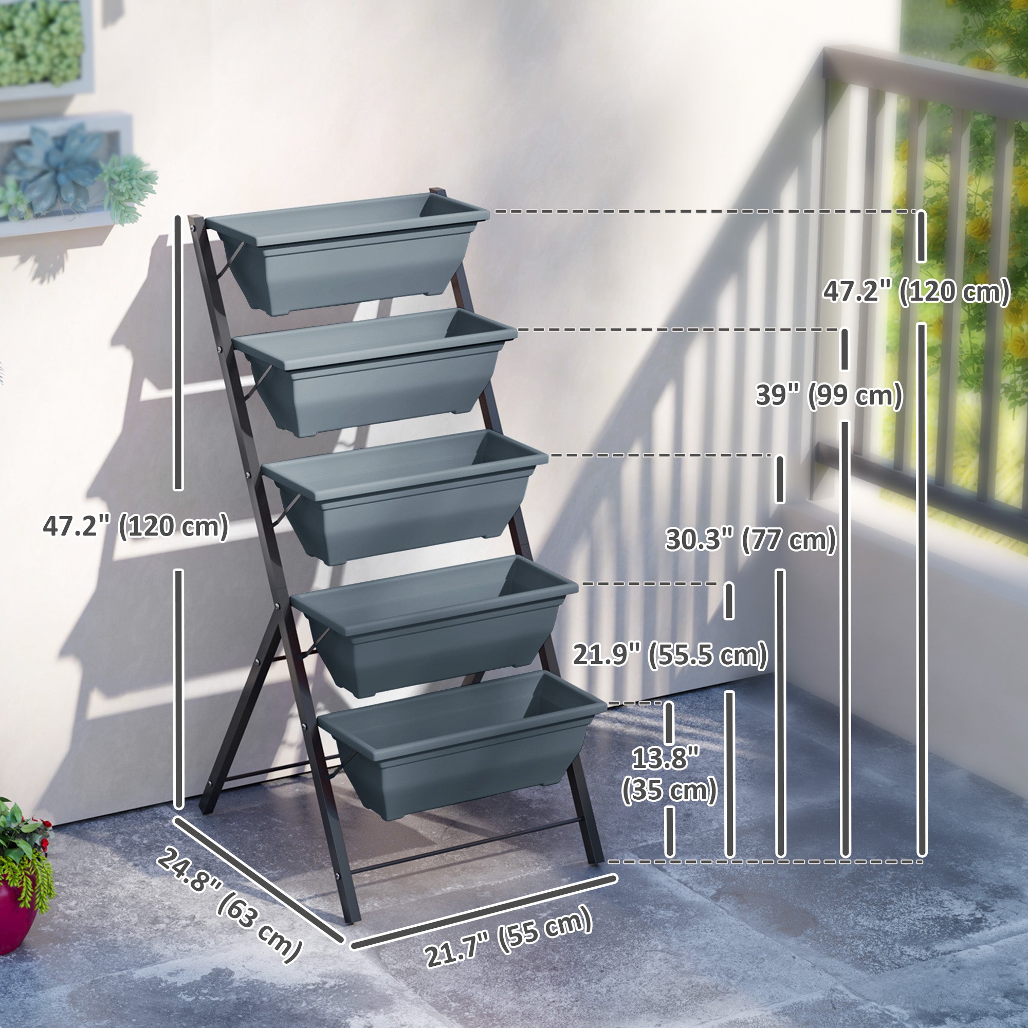 Outsunny 5-Tier Raised Garden Bed Plant Stand Flower Pots with Leaking Holes Grey 