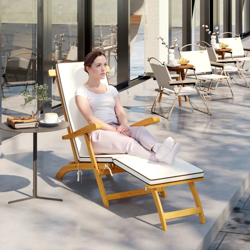 Folding Patio Lounge Chair with Padded Cushion, Acacia Wood Patio Lounger Recliner with Footrest for Garden, White