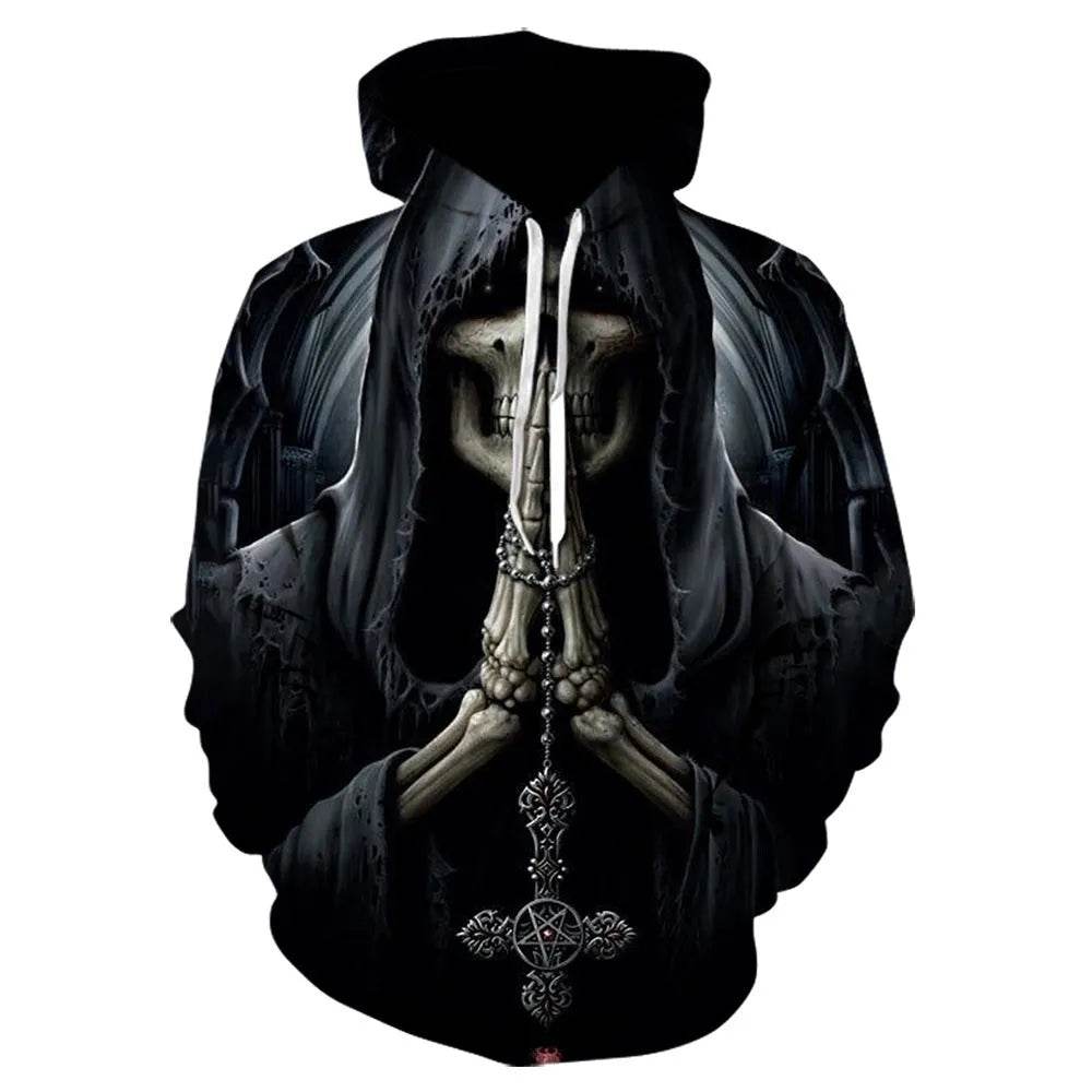 Black Gothic Skull 3D Digital Printing Men's Casual Hoodie Sweatshirt Pullover top 