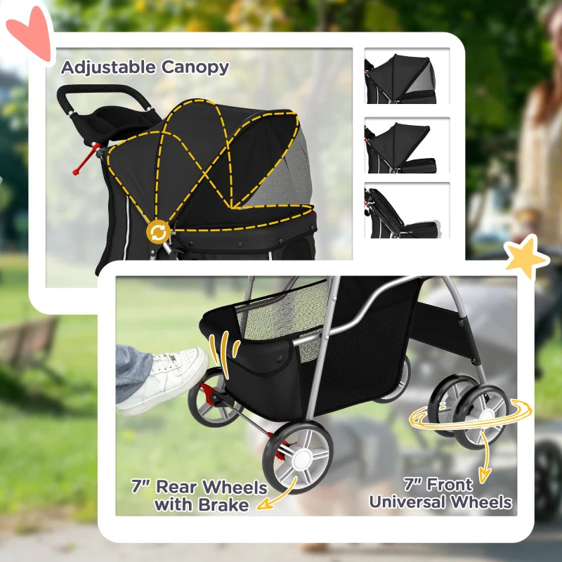 Pet Stroller with Reflective Strips, Foldable Cat Stroller with 360° Swivel Wheels for Small Dogs and Cats, Black