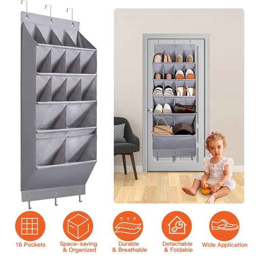 16 Pockets Over The Door Shoe Organizer 5 Tier Shoe Rack for Door with 6 Hooks Behind Door Hanging Storage Shelf for Shoes Toys Towels Bags Bedroom Ba