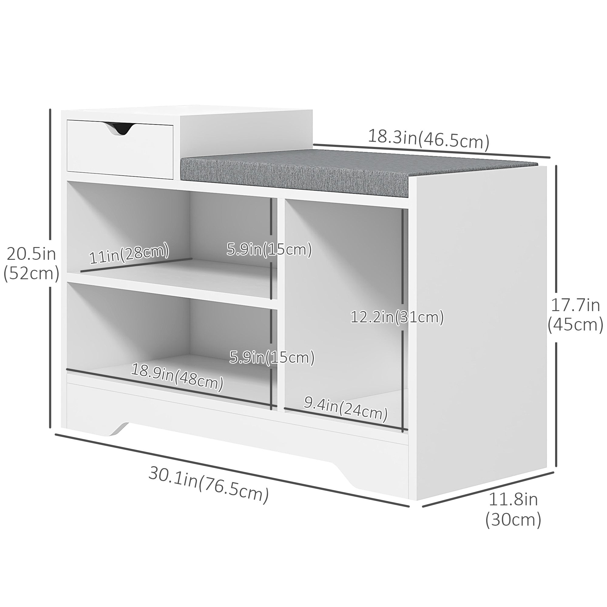 HOMCOM Shoe Simplicity: Storage Bench with Seat Drawer, 3 Open Shelves, Upholstered Entrance Bench for Hallway 