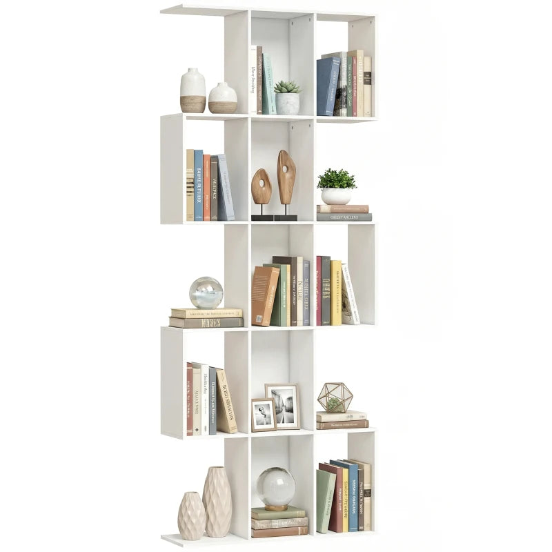 5-Tier Bookshelf, S Shaped Geometric Bookcase with 15 Compartments, White Wood Grain