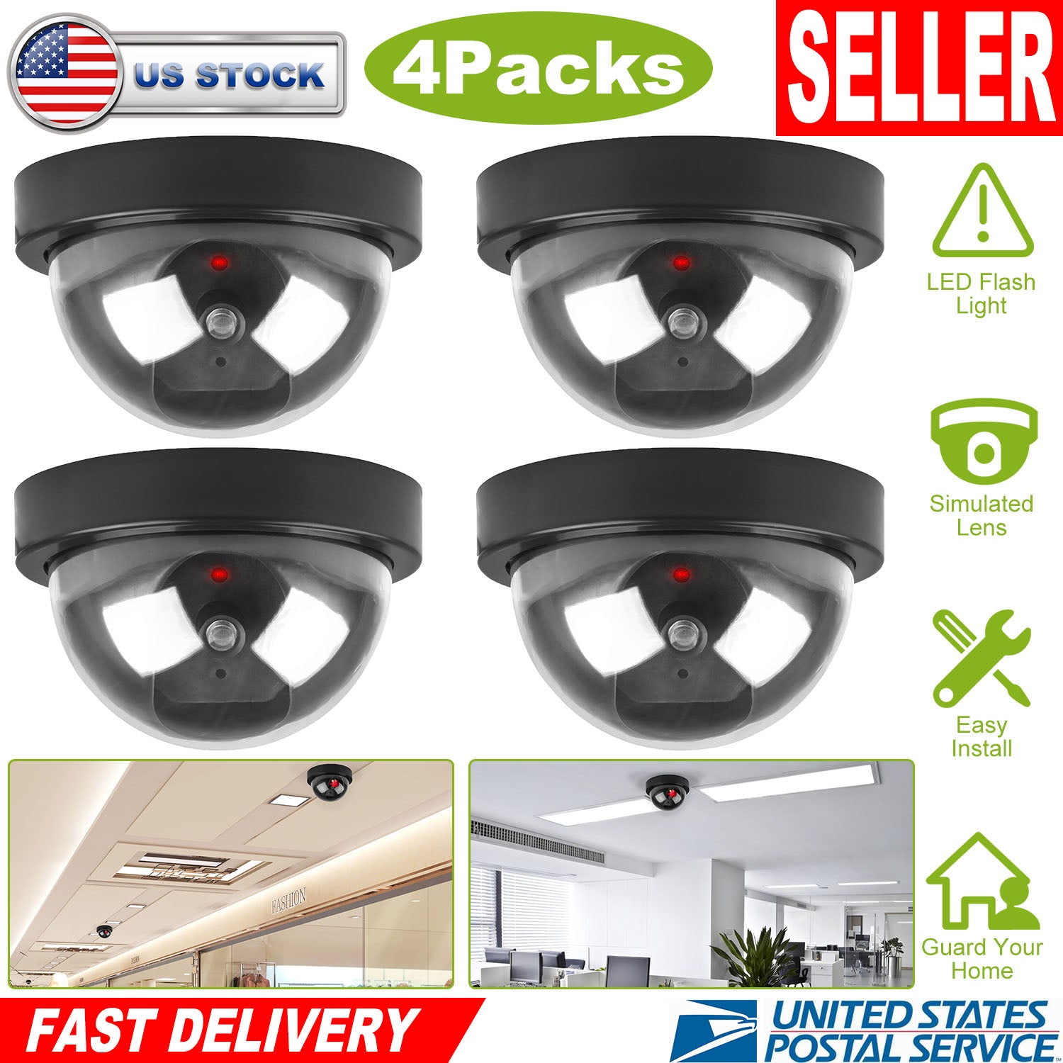 4Packs Fake Security Camera Dome Dummy Camera w/ Realistic Looking Flash LED Lights Simulated Surveillance Security for Home Shop Factory