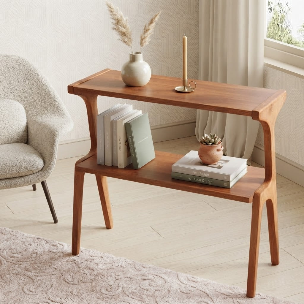 2-Tier End Table, Solid Wood Sofa Side Table with Storage Shelf, Mid-Century Modern Nightstand for Living Room & Bedroom