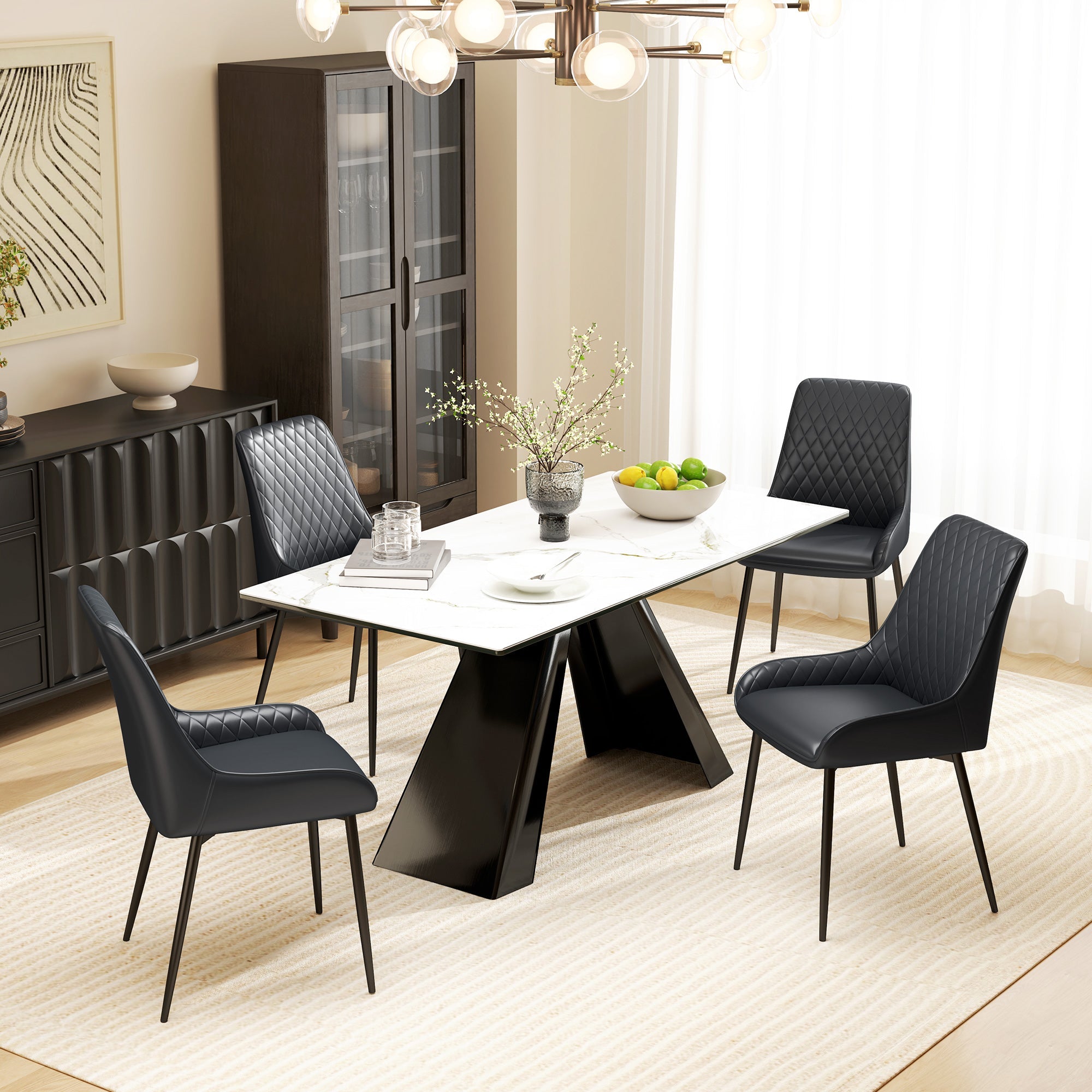 HOMCOM 2 Pack Mid Century Dining Chairs Black PU Leather Padded Metal Legs Modern for Kitchen Office 