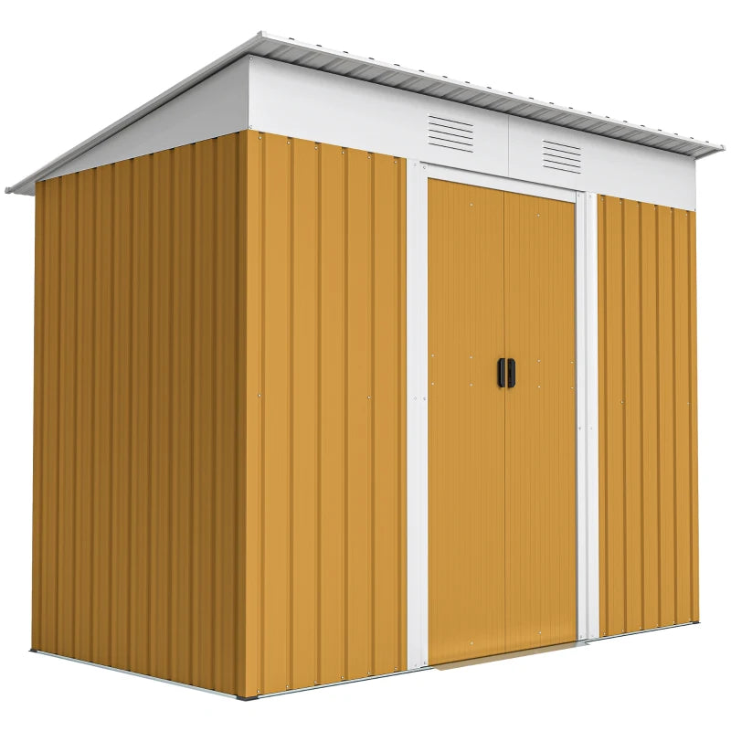 7' x 4' Outdoor Storage Shed, Metal Garden Tool Storage House Organizer with Lockable Sliding Doors and Vents for Backyard Patio Lawn, Yellow