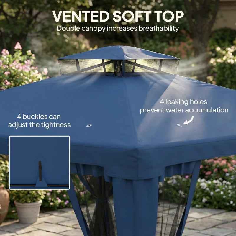 9.6' x 9.6' Patio Gazebo Outdoor Pavilion 2 Tire Roof Canopy Shelter Garden, Steel Frame w/ Mosquito Netting, Dark Blue