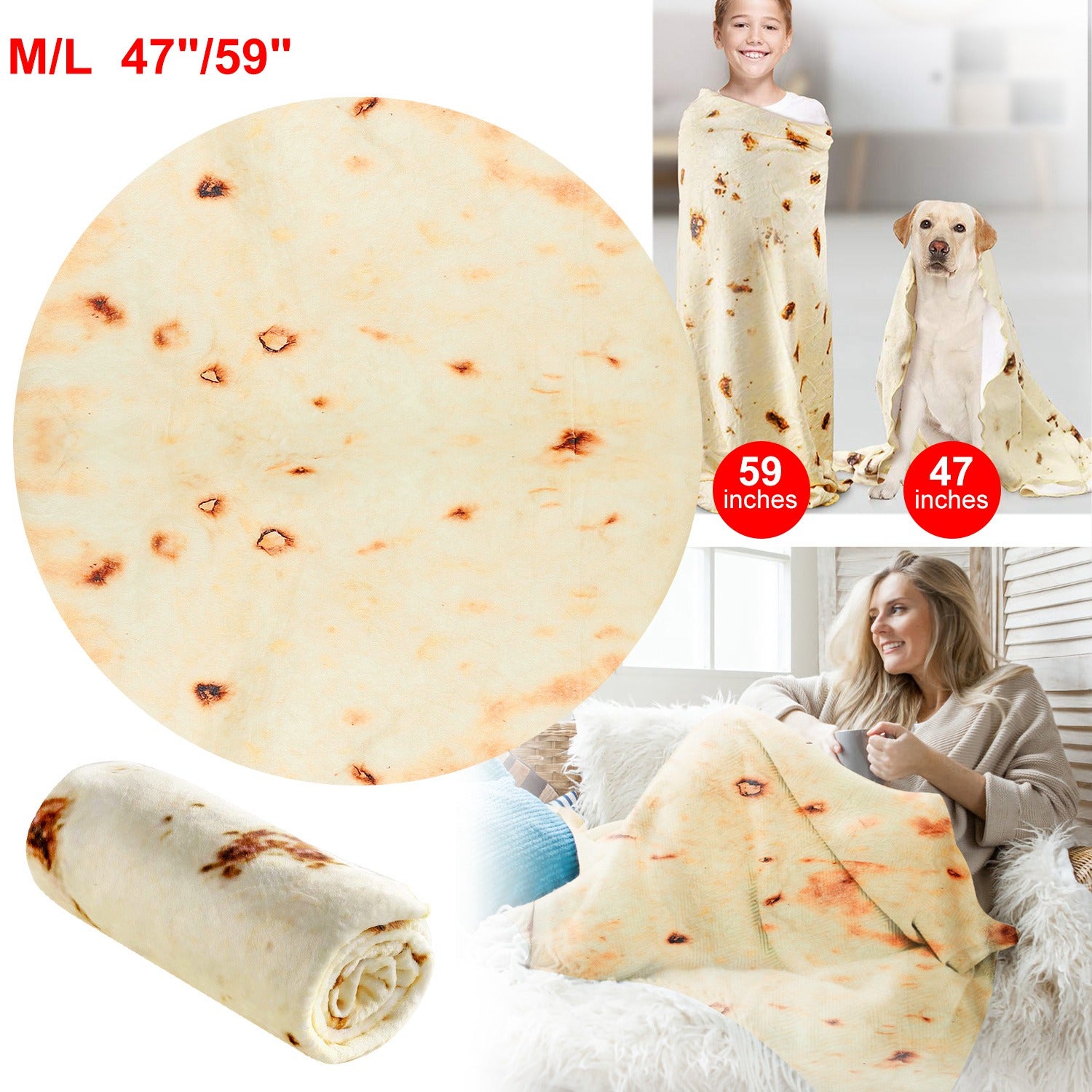 Burrito Tortilla Throw Blanket Pancake Wrap Blanket Soft Round Swaddle for Adults Kids Baby Pets