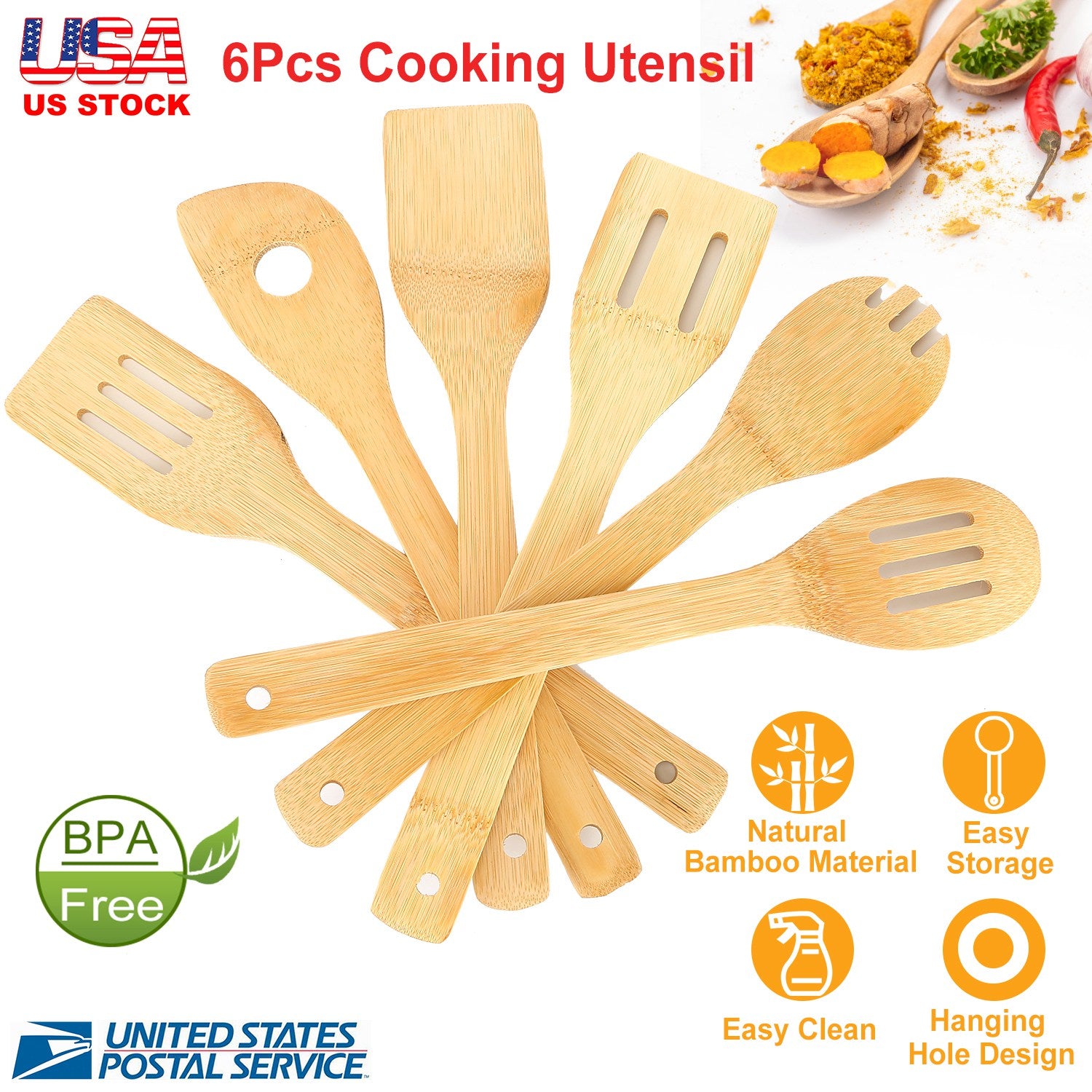 6Pcs Cooking Utensil Bamboo Wooden Spoons Spatula Kitchen Cooking Tools Nonstick Wooden Cookware Kitchen Gadgets 