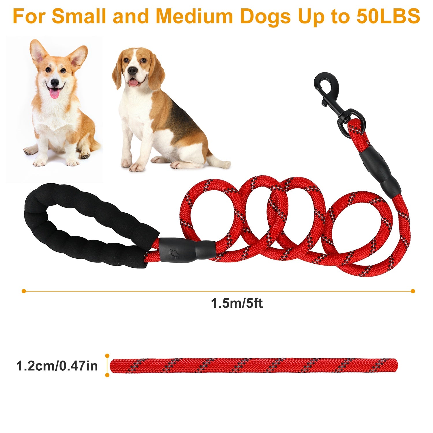 5FT Dog Leash Dog Training Walking Lead w/ Foam Handle Highly Reflective Treads Strong Nylon Dog Rope For Small Medium Dogs