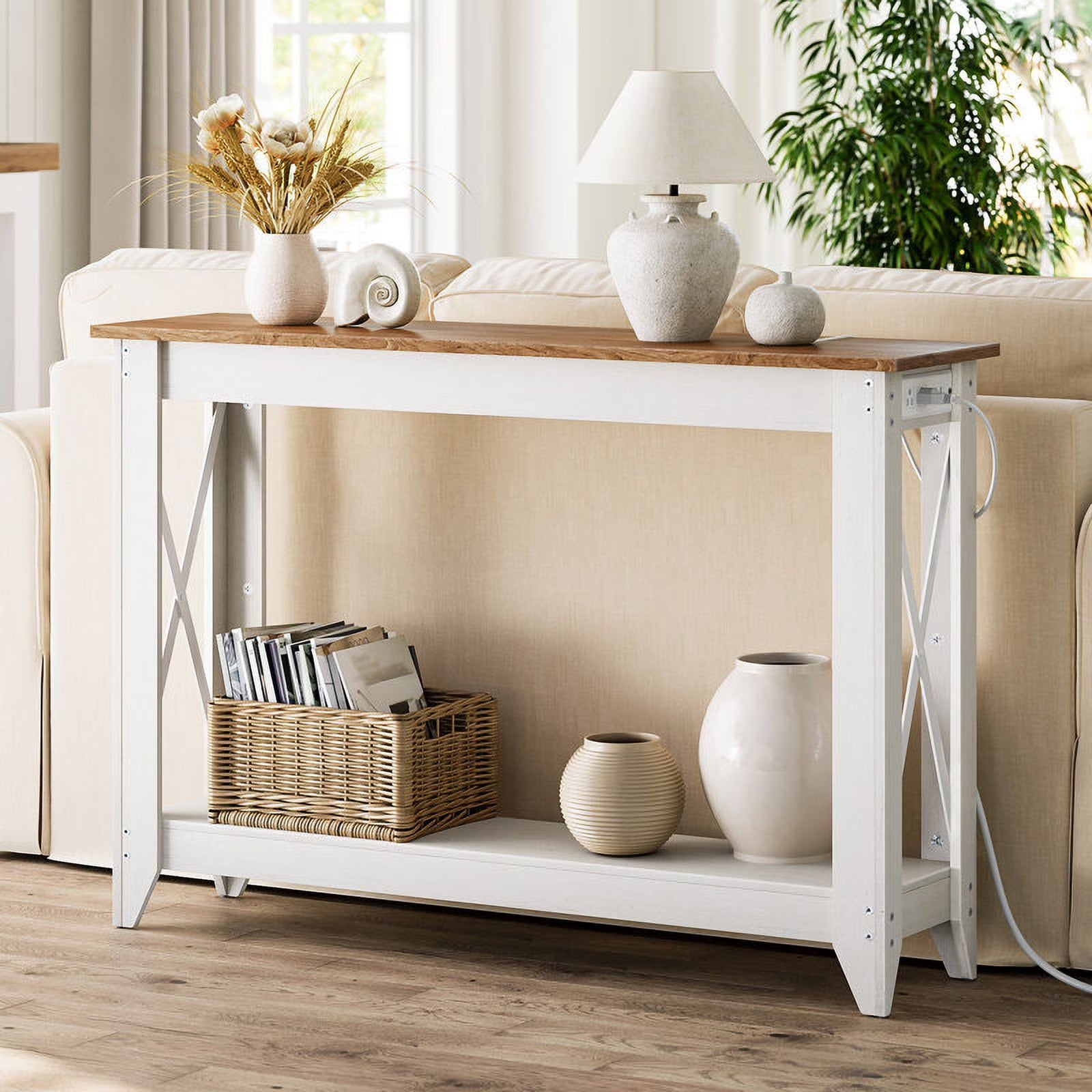 HOOBRO 47.2" Console Table with Charging Station, Farmhouse Entryway Sofa Table with Storage Shelf, Oak Brown & Antique White