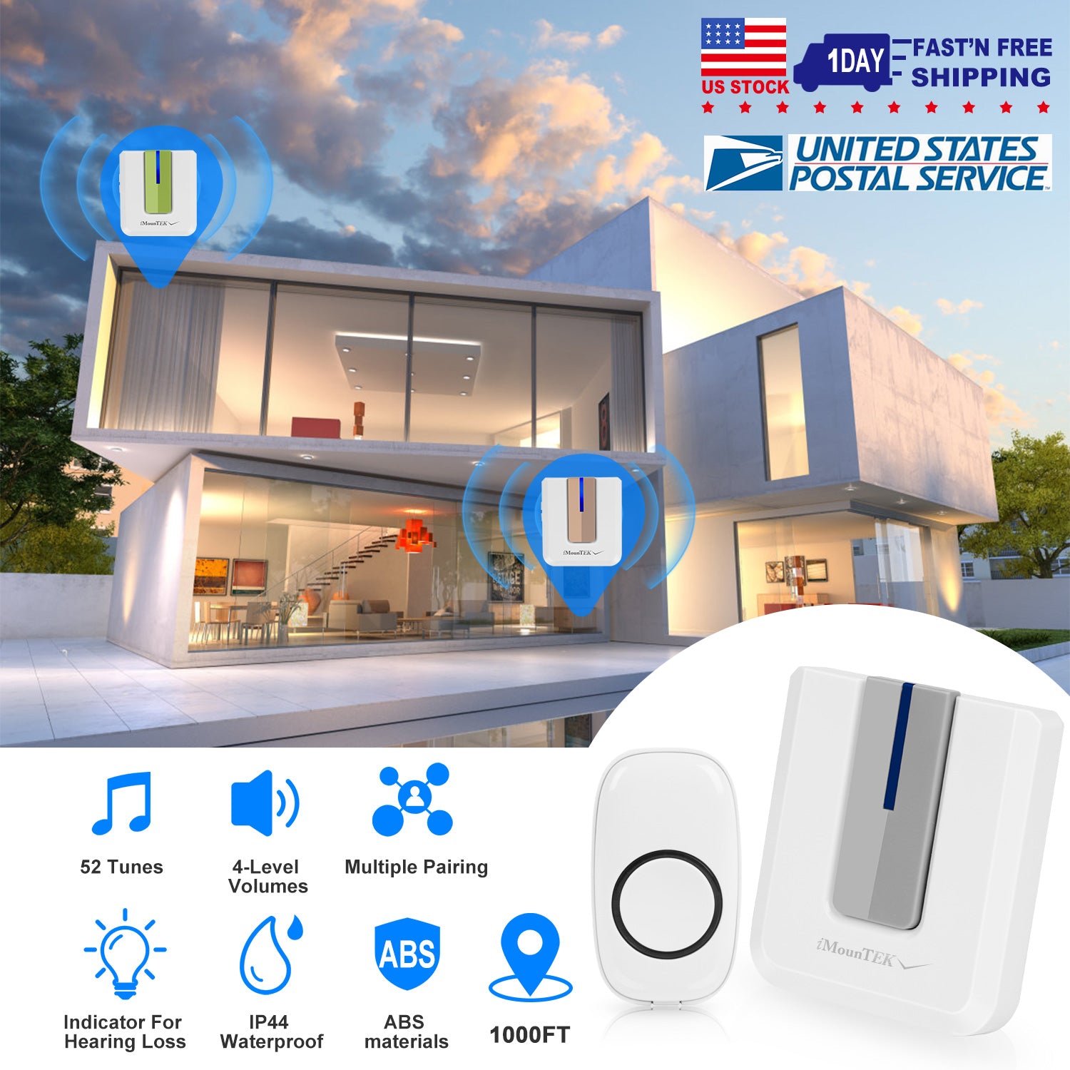 Wireless Doorbells Rings 1000FT Operating Range IP44 Waterproof Door Chime W/ 1 Plug Receiver Chimes 52 Melodies LED Indicator Bells for Office Apartm