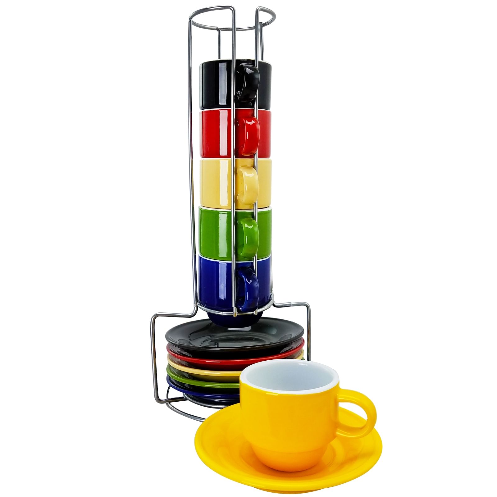 Gibson Sensations 13 Piece Stackable Non-Toxic Ceramic Small Espresso Cup Set with Saucers and Metal Wire Rack in Assorted Colors - Free Shipping