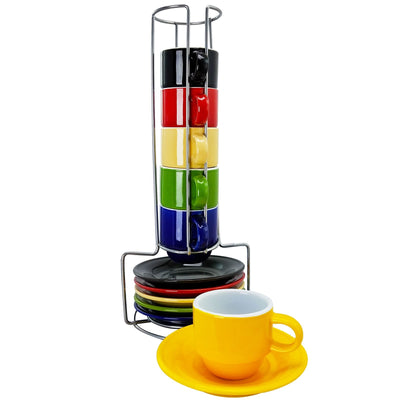 Gibson Sensations 13 Piece Stackable Non-Toxic Ceramic Small Espresso Cup Set with Saucers and Metal Wire Rack in Assorted Colors - Free Shipping 