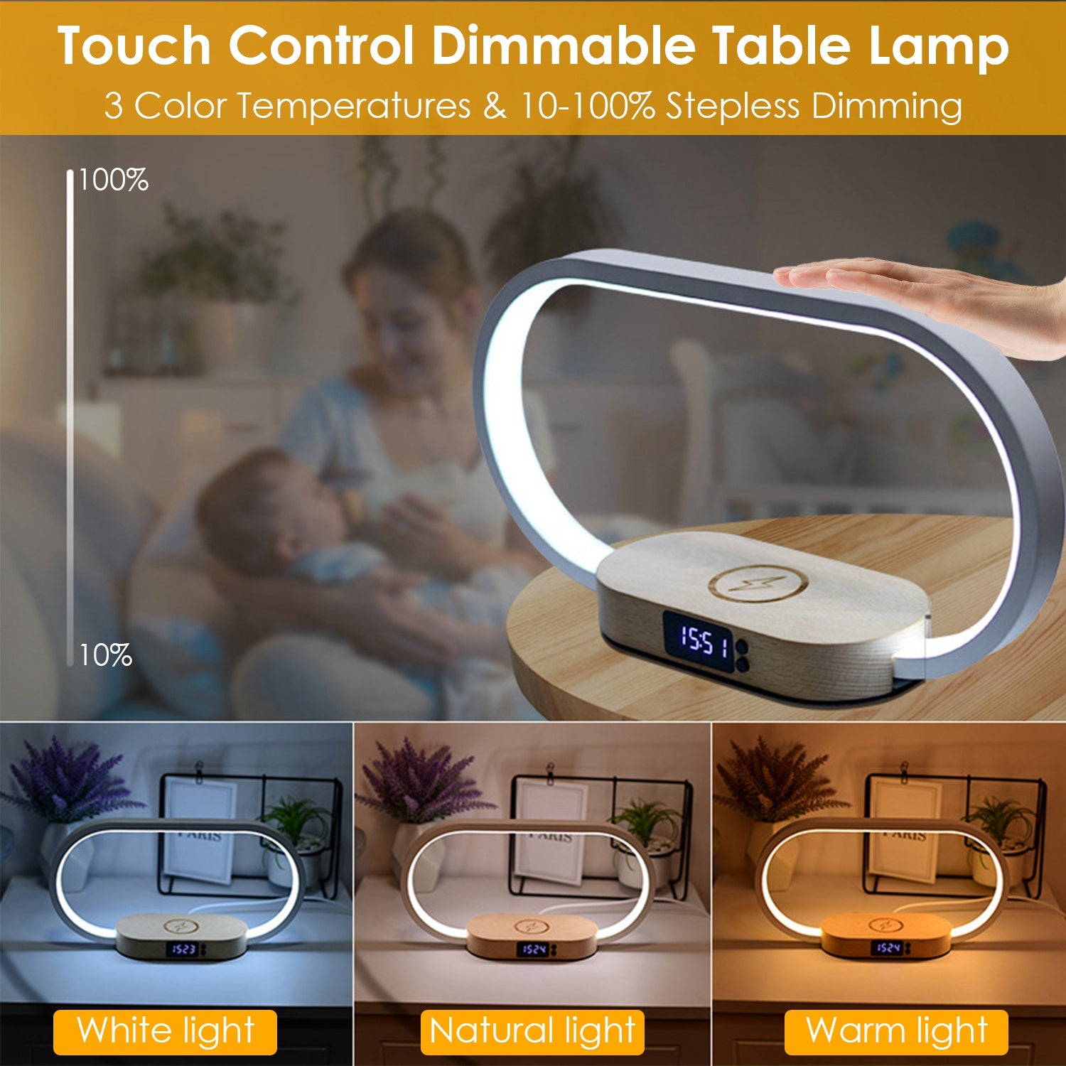 Bedside Table Lamp Touch Control Lamp with Clock Wireless Charging LED Desk Lamp Dimmable Nightstand Reading Lamp 