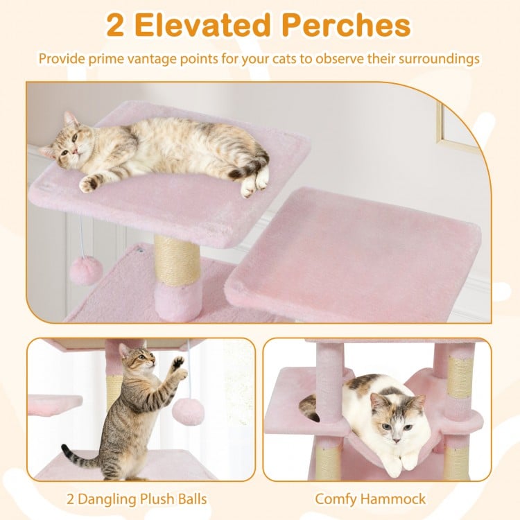 57 Inch Cat Tree with Dual Condos and Hammock and 2 Dangling Balls-Pink