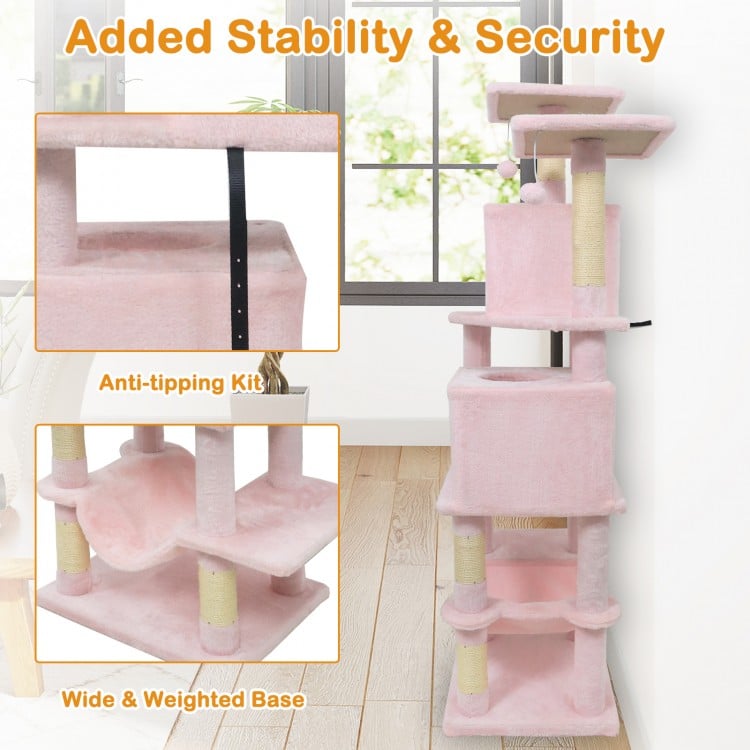 57 Inch Cat Tree with Dual Condos and Hammock and 2 Dangling Balls-Pink