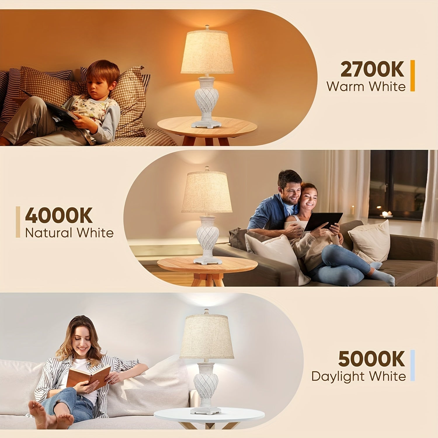 Tradition Table Lamp Set Of 2, Farmhouse Boho Bedside Lamps with 3-Color Temperature LED Bulbs 