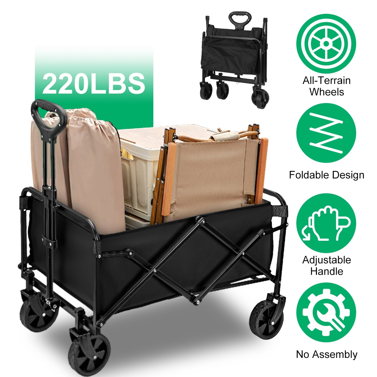 100L Collapsible Folding Wagon Cart With Adjustable Handle 220LBS Load Capacity Heavy Duty Foldable Utility Outdoor Wagon For Camping Shopping Garden 