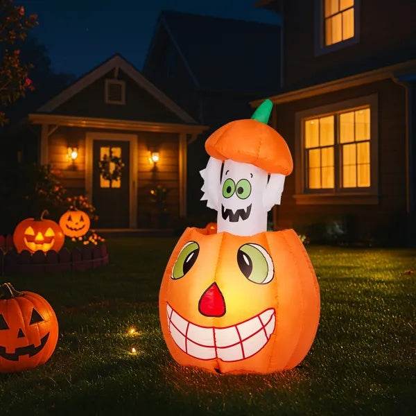 2.8 FT Halloween Inflatables Animated Pumpkin Ghost, Outdoor Decorations Blow Up Yard Decor With Built-in LEDs For Indoor Party Garden Lawn Decor 