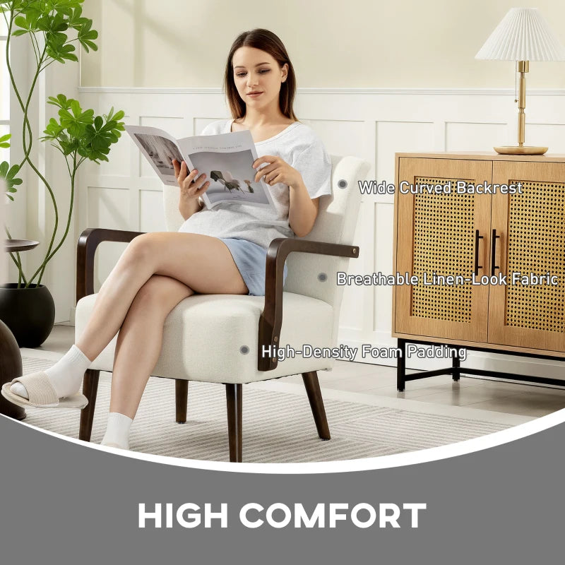 Accent Chair with Wooden Legs, Linen Fabric Armchair with Thick Padding, Comfy Chair for Living Room, Cream White