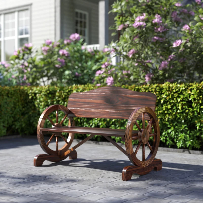 Wooden Outdoor Bench, Garden Patio Loveseat with Wagon Wheel Armrests, 528LBS Capacity, Carbonized