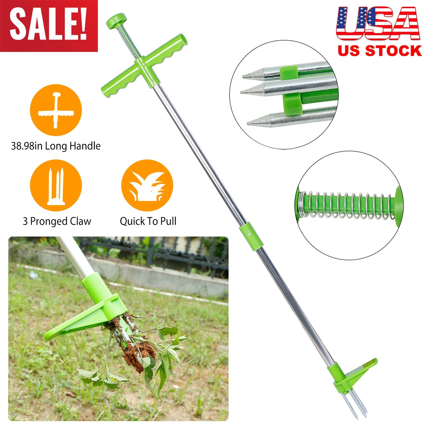 Weed Puller Twister Stand Up Root Removal Hand Tool 3 Claws Aluminum Grass Manual Remover 38.98in Long Handle w/ Foot Pedal