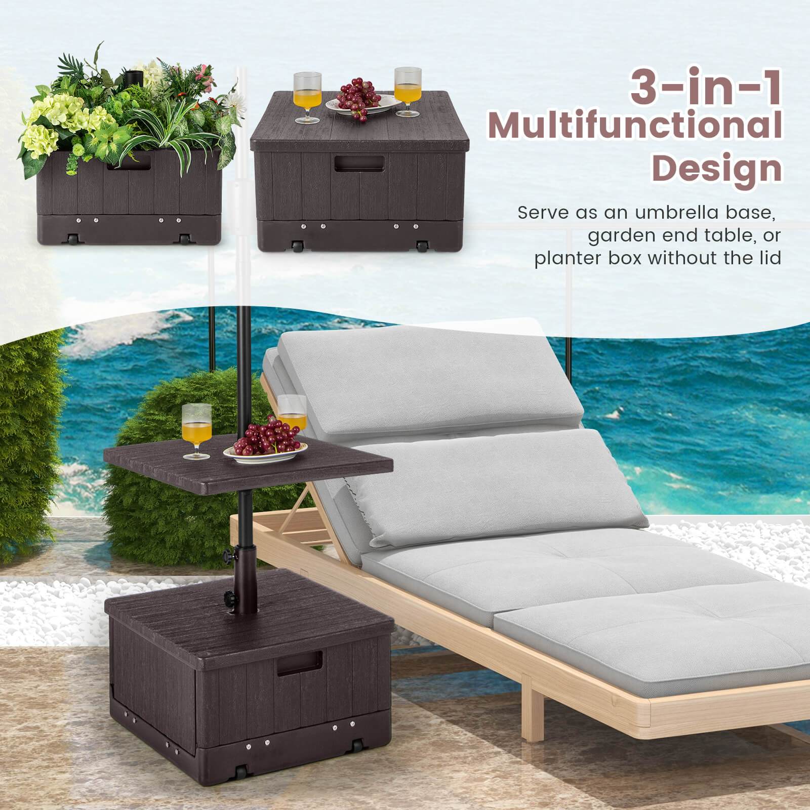 Multigot Patio 175lbs Fillable Umbrella Base w/Table Tray Wheeled 3-in-1 Stand Outdoor 