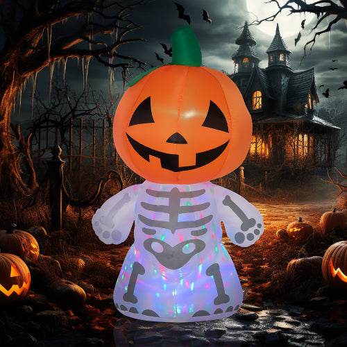 6ft Halloween Inflatables Outdoor Decorations, Smiling Skeleton Ghost With Pumpkin Head, Blow Up LED Yard Decor For Garden, Lawn, Party, Holiday, Waterproof 