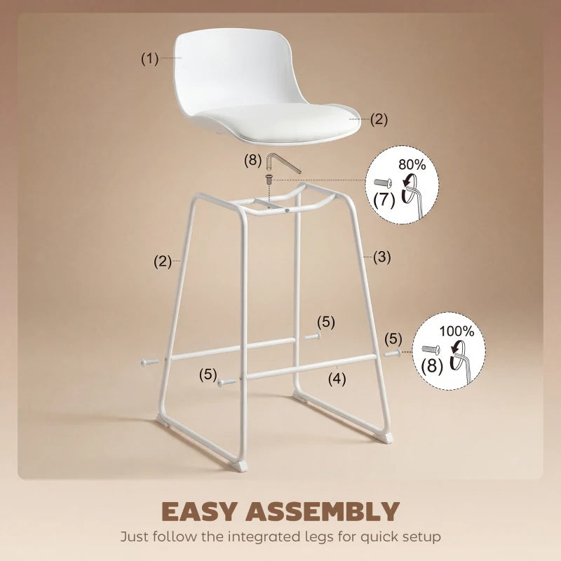 Modern Bar Stools Set of 2, PU Leather Barstools, Counter Height Kitchen Chairs for Breakfast Bars, Dining Room, White