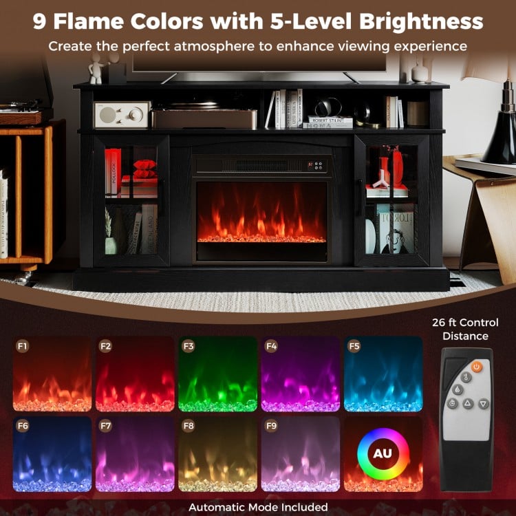 58 Inch Fireplace TV Stand with LED Lights with Storage Cabinets and Glass Doors-Black